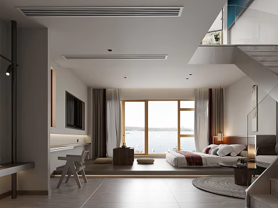 Modern Hotel Room Interior With King Bed Large Window Lake View And Work Desk 3d model