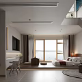Modern Hotel Room Interior With King Bed Large Window Lake View And Work Desk