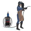 Welder Wearing Helmet And Blue Uniform Using Welding Torch With Gas Cylinder Equipment