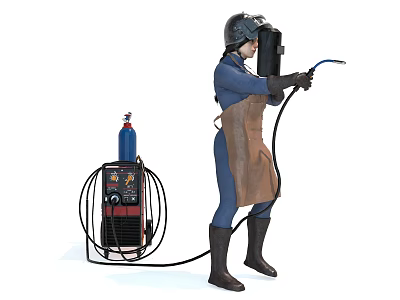 Welder Wearing Helmet And Blue Uniform Using Welding Torch With Gas Cylinder Equipment 3d model
