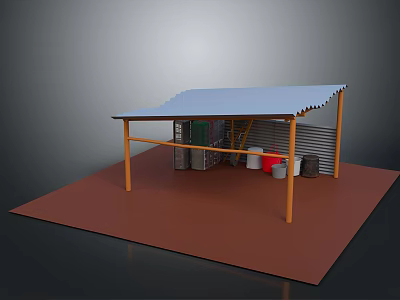 Covered Building Structure With Yellow Supporting Columns Brown Ground And Storage Buckets Equipment 3d model