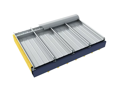 Silver Metal Roof Panels With Yellow Edges And Blue Base Support Structure 3d model