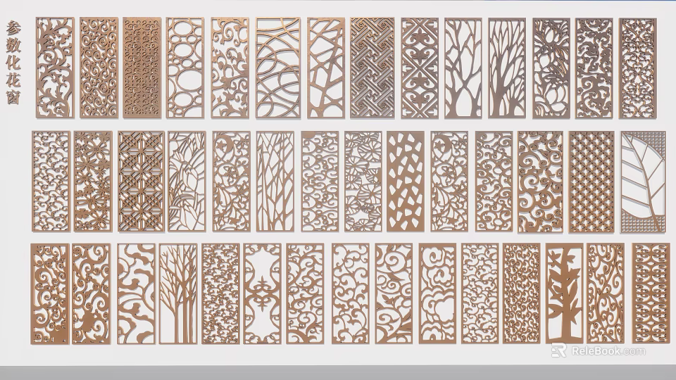 Wooden Carved Windows With Various Decorative Patterns For Interior Decoration 3d model