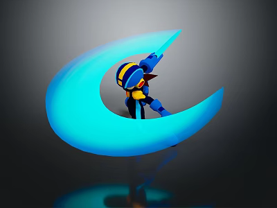 Glowing Blue Crescent Scene With Blue And Yellow Cartoon Character Standing 3d model