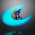 Glowing Blue Crescent Scene With Blue And Yellow Cartoon Character Standing