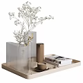 Minimalist Decorative Ornament Set With Transparent Vase White Flowers Tray Brown Cylindrical Jar And Books