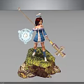 Red Haired Character With Blue White Outfit Holding Staff And Glowing Magic On Mossy Base