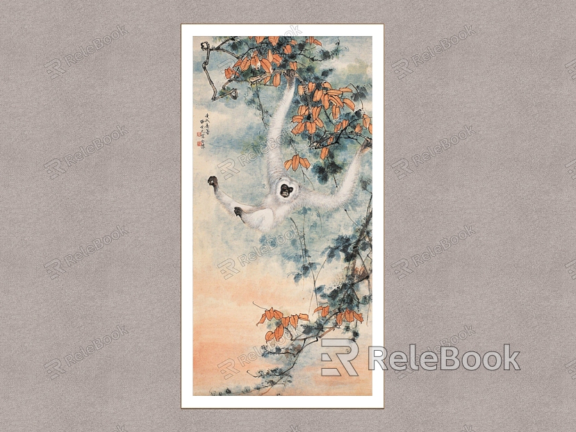 Chinese Decorative Painting White Ape Figure Tian Shiguang Flower and Bird Painting model