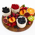 Assorted Fresh Fruits on Wooden Tray with White Bowls Raspberries Blueberries and Sliced Apricots