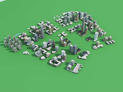 Urban Architecture Complex 3D Model On Green Background With Various High Rise Low Rise Structures 3d model