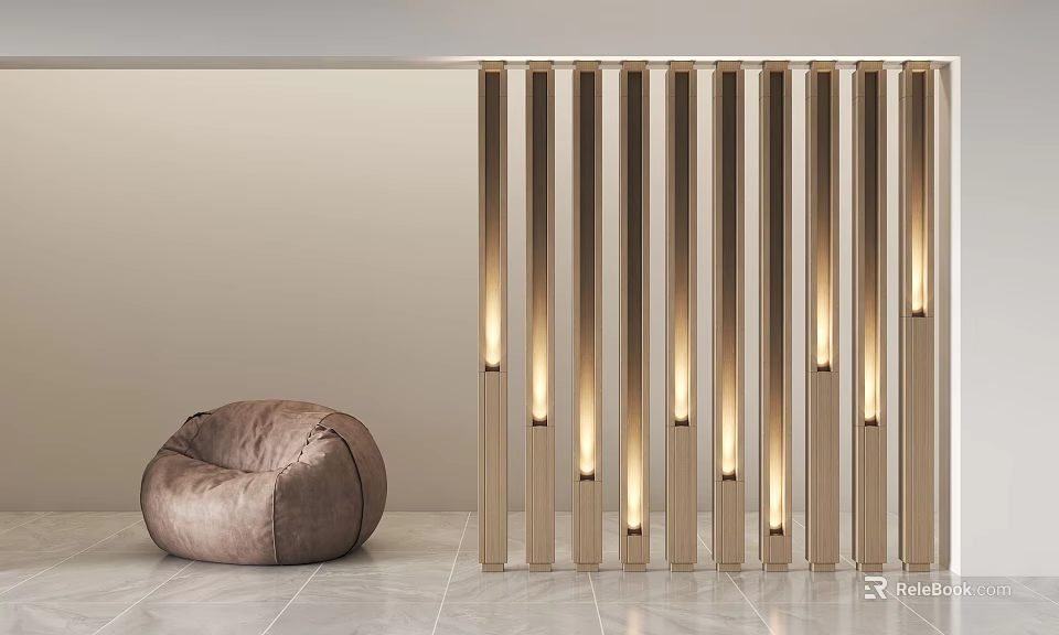 Modern Vertical Slat Partition With Lighting And Brown Bean Bag Chair On Marble Floor 3d model 