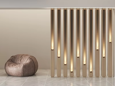 Modern Vertical Slat Partition With Lighting And Brown Bean Bag Chair On Marble Floor 3d model