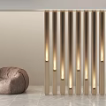 Modern Vertical Slat Partition With Lighting And Brown Bean Bag Chair On Marble Floor