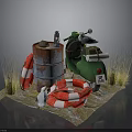 3D Scene Featuring Green Scooter Rusty Oil Drum Red White Lifebuoy Grass And Penguin