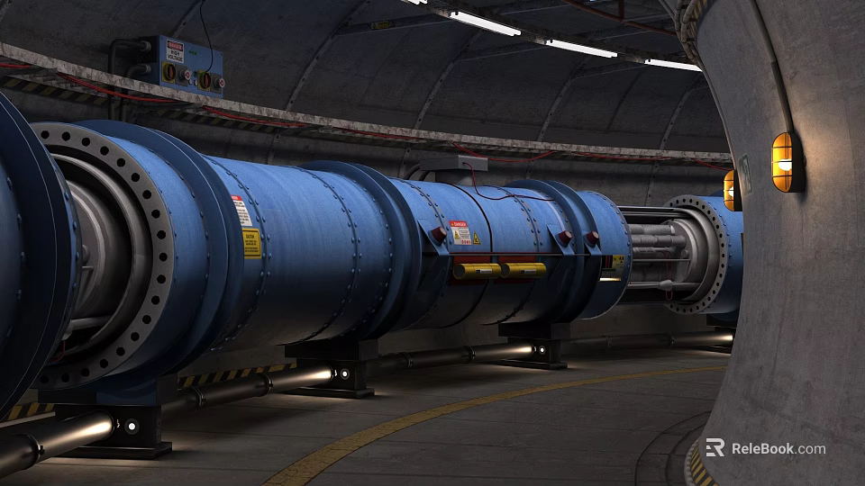 Industrial Metal Pipeline System In Factory Tunnel With Support Frames And Illumination 3d model 