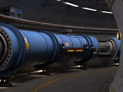 Industrial Metal Pipeline System In Factory Tunnel With Support Frames And Illumination 3d model
