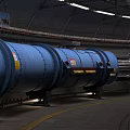 Industrial Metal Pipeline System In Factory Tunnel With Support Frames And Illumination