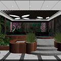 Luxurious SPA Sauna Interior with Golden Ceiling Circular Lights Floral Mural Green Plants and Hot Spring Pool