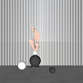 Modern Abstract Sculpture With Copper Streamlined Shape Black Sphere Base White Balls Against Striped Wall