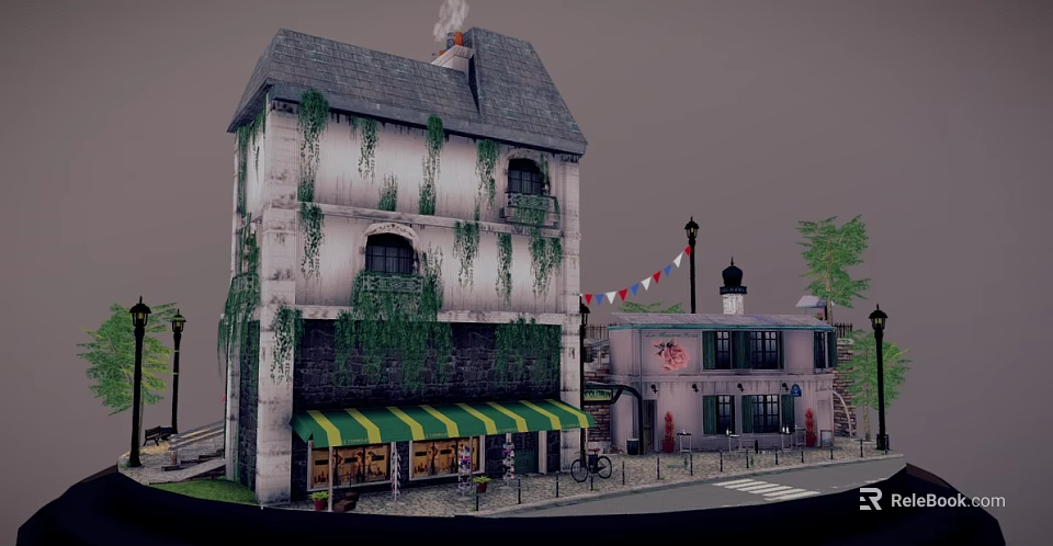 Cartoon Scene With Vines Covered Building Green Yellow Striped Awning Street Lamps Bicycle Cobblestone Street 3d model 