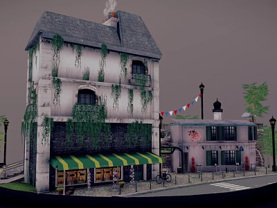 Cartoon Scene With Vines Covered Building Green Yellow Striped Awning Street Lamps Bicycle Cobblestone Street 3d model