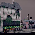 Cartoon Scene With Vines Covered Building Green Yellow Striped Awning Street Lamps Bicycle Cobblestone Street