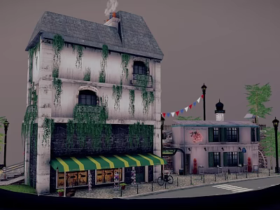 Cartoon Scene With Vines Covered Building Green Yellow Striped Awning Street Lamps Bicycle Cobblestone Street 3d model