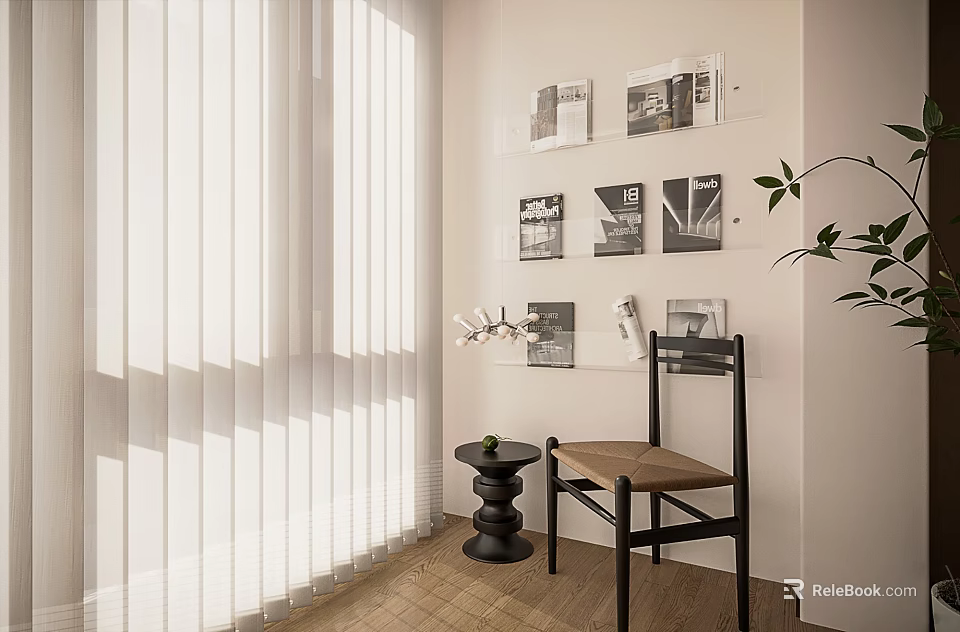 Cozy Leisure Chair In Bright Space With Vertical Blinds Sunlight Wooden Shelves Magazines Small Table And Green Plant 3d model 