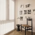 Cozy Leisure Chair In Bright Space With Vertical Blinds Sunlight Wooden Shelves Magazines Small Table And Green Plant