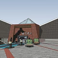Traditional Chinese Visitor Center With Brick Roof Lanterns And Stone Path