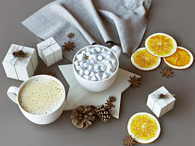 Hot Drinks With Foam Marshmallows Orange Slices Spices Pine Cones And Gift Boxes 3d model