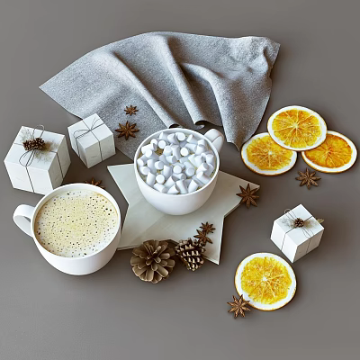 Hot Drinks With Foam Marshmallows Orange Slices Spices Pine Cones And Gift Boxes 3d model