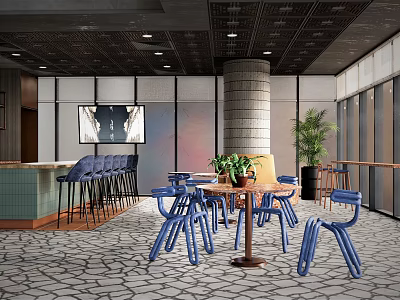 Industrial LOFT Cafe Tea Restaurant Cafe Bar Dining Chair Leisure Chair Dining Table Bar Counter Bar Chair Bar Stool Chandelier Plant Flower Pot 3d model