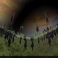 Ancient Battlefield Scene With Soldiers On Horses And Decorative Banners Under Sunset Sky