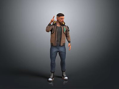 Man In Brown Jacket Blue Jeans Black Sneakers Pointing Up With Right Index Finger 3d model