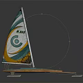 Modern Catamaran Sailboat Featuring Green Yellow White Sail With C And ANNO Logo Wooden Hull