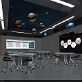 School Science Classroom with Starry Ceiling Planet Models Wall Display Boards and Modern Tables Chairs