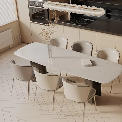 Modern White Dining Table Set With Six Chairs Vase And Dried Flowers 3d model