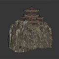 Ancient Chinese Architecture On Cliff Rock With Wooden Structure And Black Tiled Roof