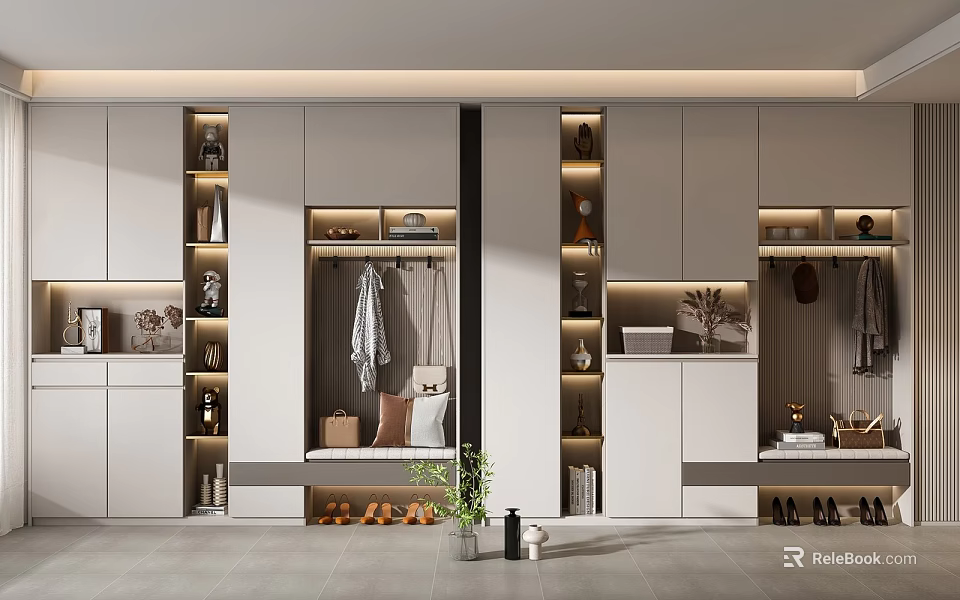 Modern Elegant White Shoe Cabinet With Storage And Clothes Hanging Area And Green Plants 3d model 