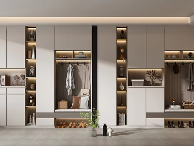 Modern Elegant White Shoe Cabinet With Storage And Clothes Hanging Area And Green Plants 3d model