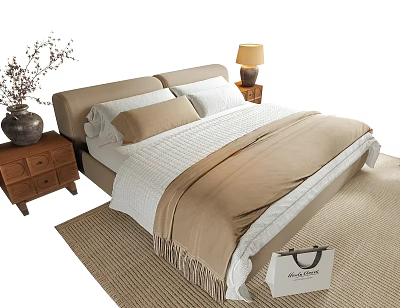 Double Bed with Beige White Bedding Wooden Bedside Tables Lamp Dried Flower Vase and Rug 3d model