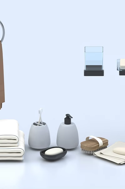 Essential Bathroom Accessories With Towel Ring Rolled Folded Towels Soap Dispensers And Brush 3d model