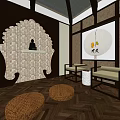 Traditional Religious Sanctuary Interior With Wooden Ceiling Decorative Panels And Prayer Cushions