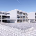 Modern School Building With White Gray Exterior Large Glass Windows Corridor And Lawn Area