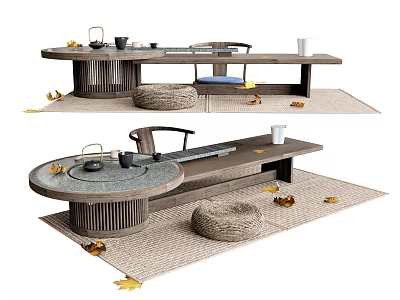 New Chinese Tea Table and Chair Casual Table and Chair Dining Table Dining Chair Zen Chair Tatami Chair Futon Tea Set Ornaments Carpet Leaves 3d model