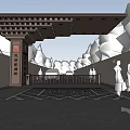 Traditional Chinese Entrance Gate With Architectural Eaves Geometric Pavement And Trees