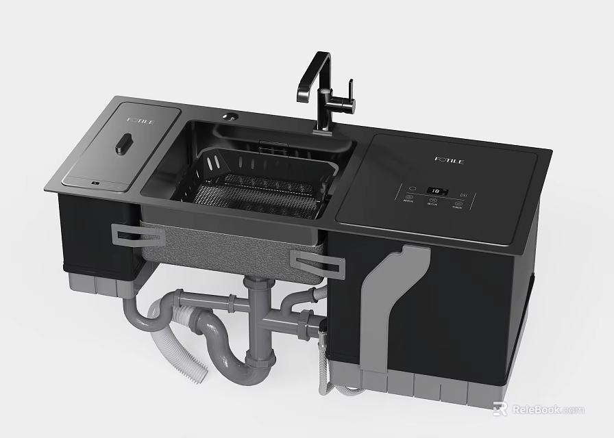 Black Modern Kitchen Sink with Drainer Rack Faucet and Drainage System 3d model 