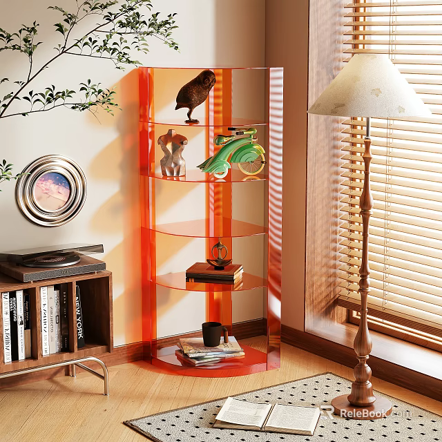 Orange Transparent Rotating Shelf Unit With Decorative Items In Living Room 3d model 