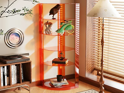 Orange Transparent Rotating Shelf Unit With Decorative Items In Living Room 3d model